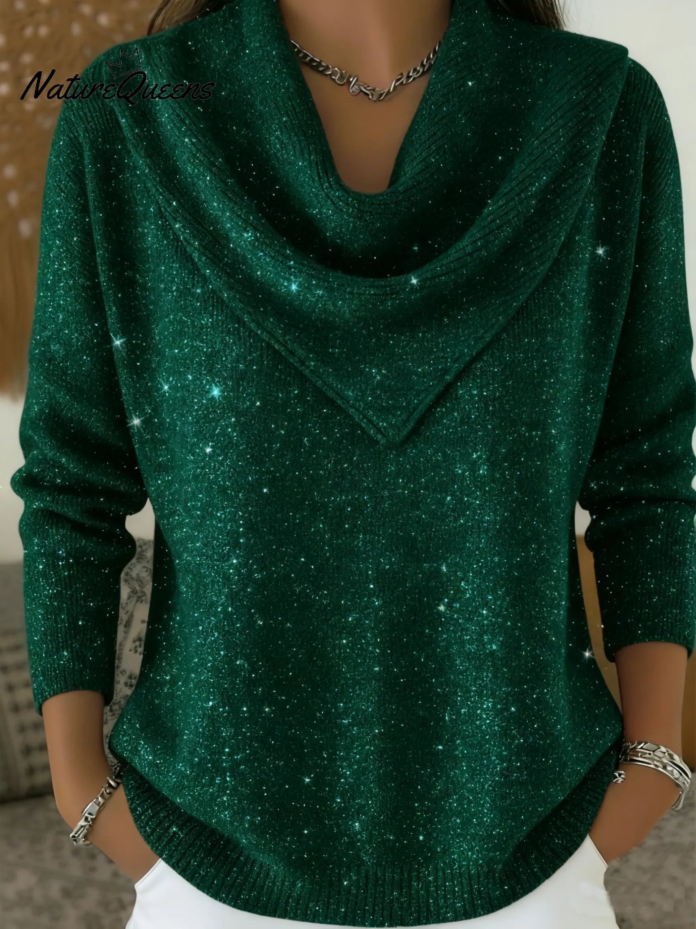 Vintage Soft Triangle Neck Sequined Shiny Sweater Top