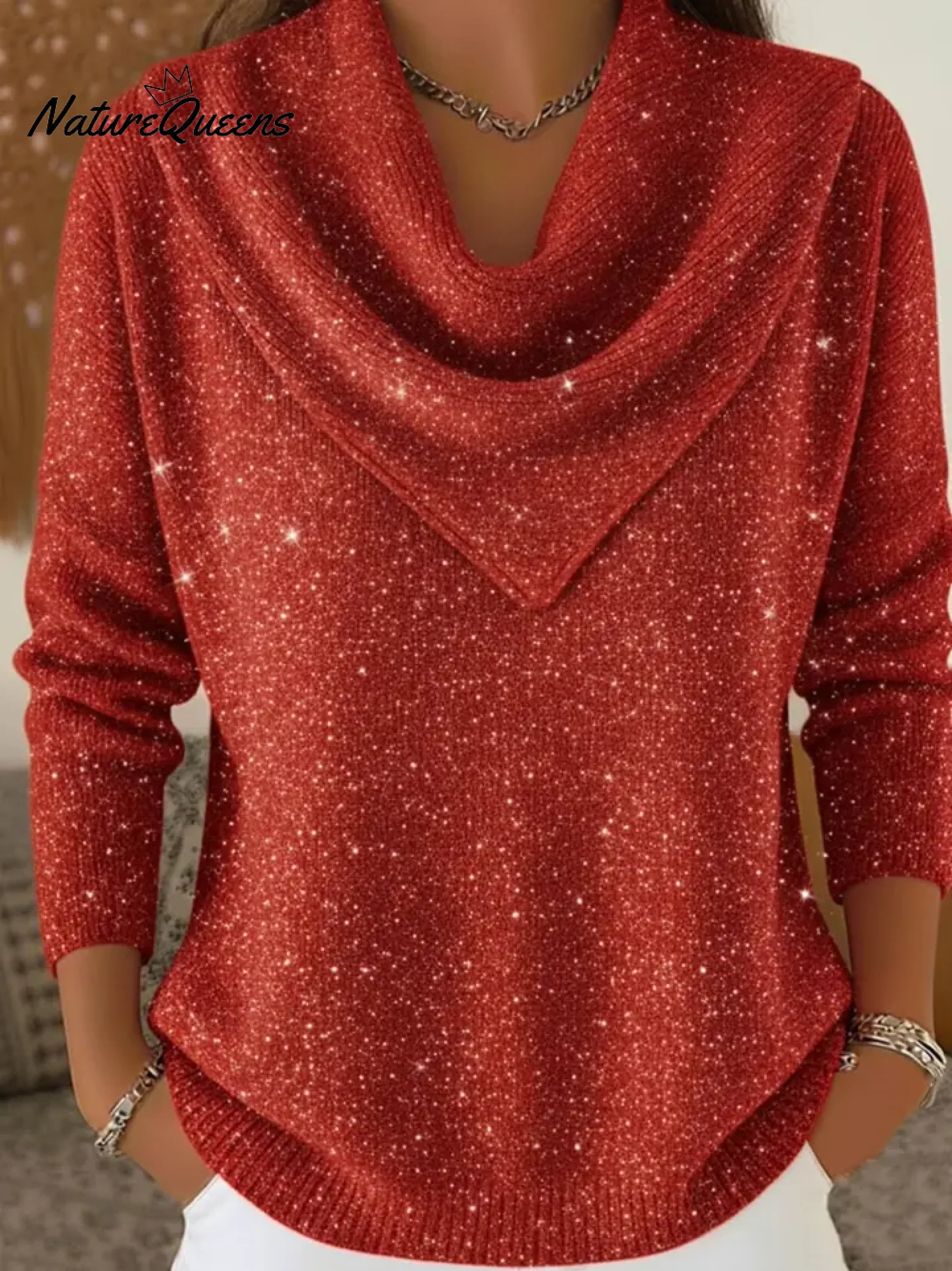 Vintage Soft Triangle Neck Sequined Shiny Sweater Top