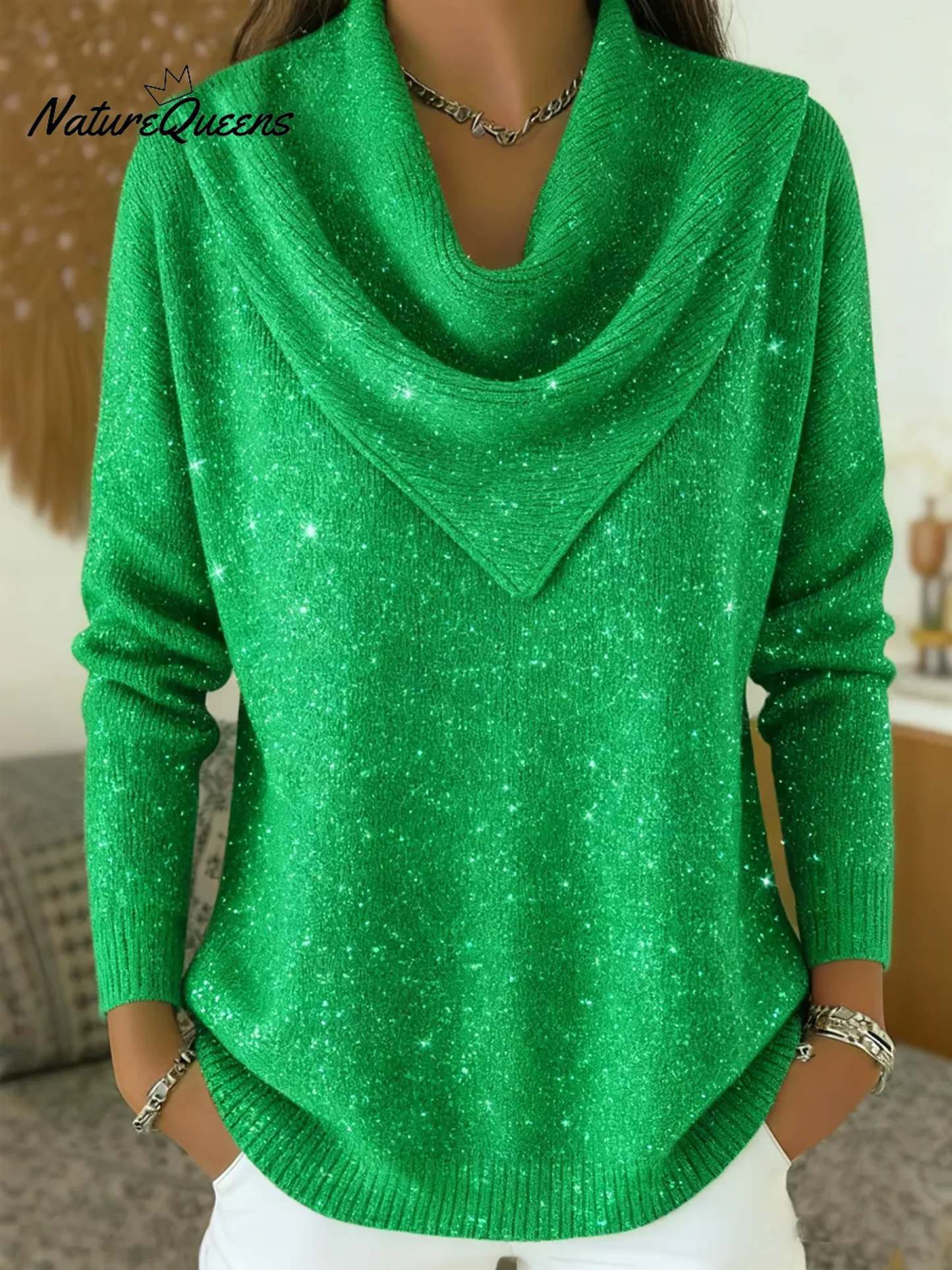 Vintage Soft Triangle Neck Sequined Shiny Sweater Top
