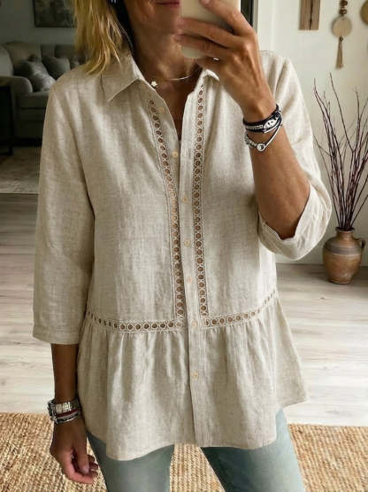 Casual Patchwork Openwork Webbing Linen And Cotton Shirt