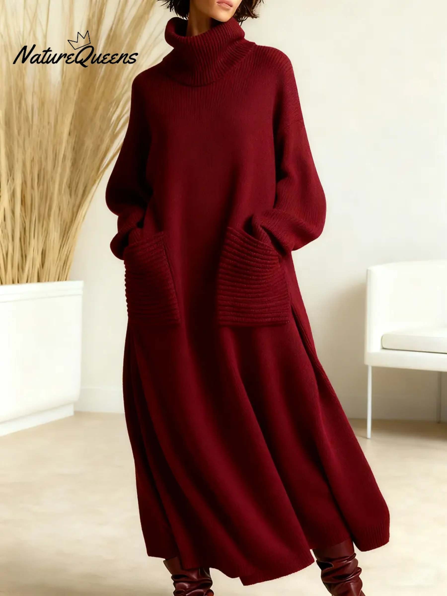 Women's Solid Color High-Neck Long-Sleeve Casual Loose Knit Dress