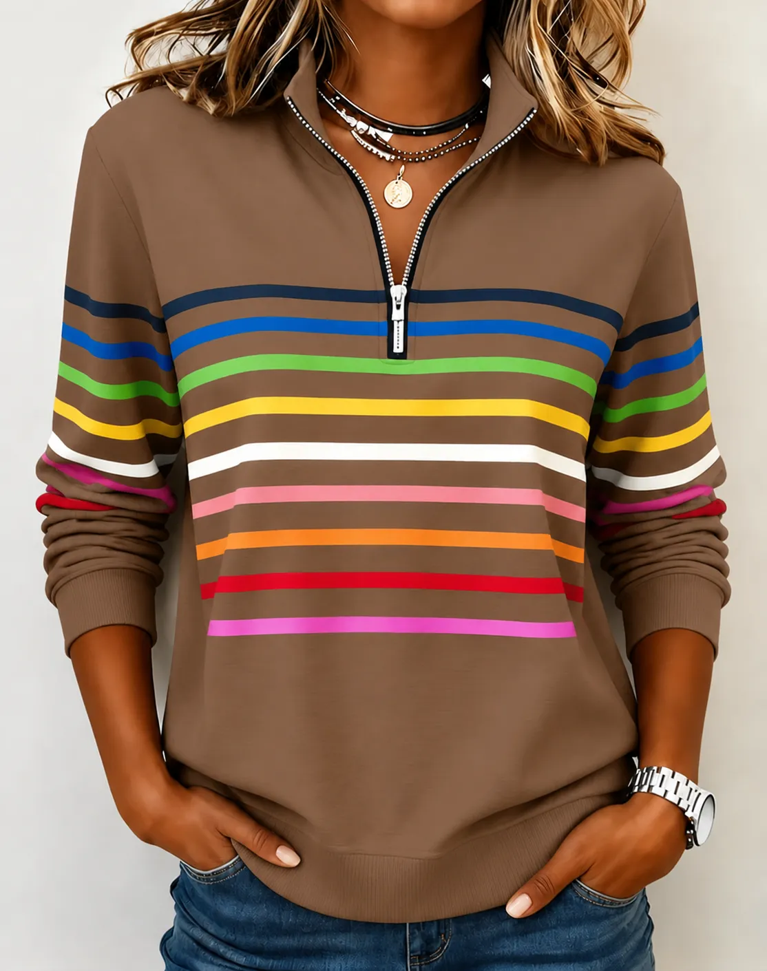 🛒Clearance Sale🔥 Women's Vibrant Striped Half-Zip Casual Sweatshirt