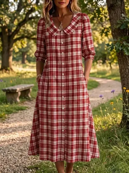 New Arrivals🔥 Women's Retro Peter Pan Collar Stripe Print Cotton Linen Dress