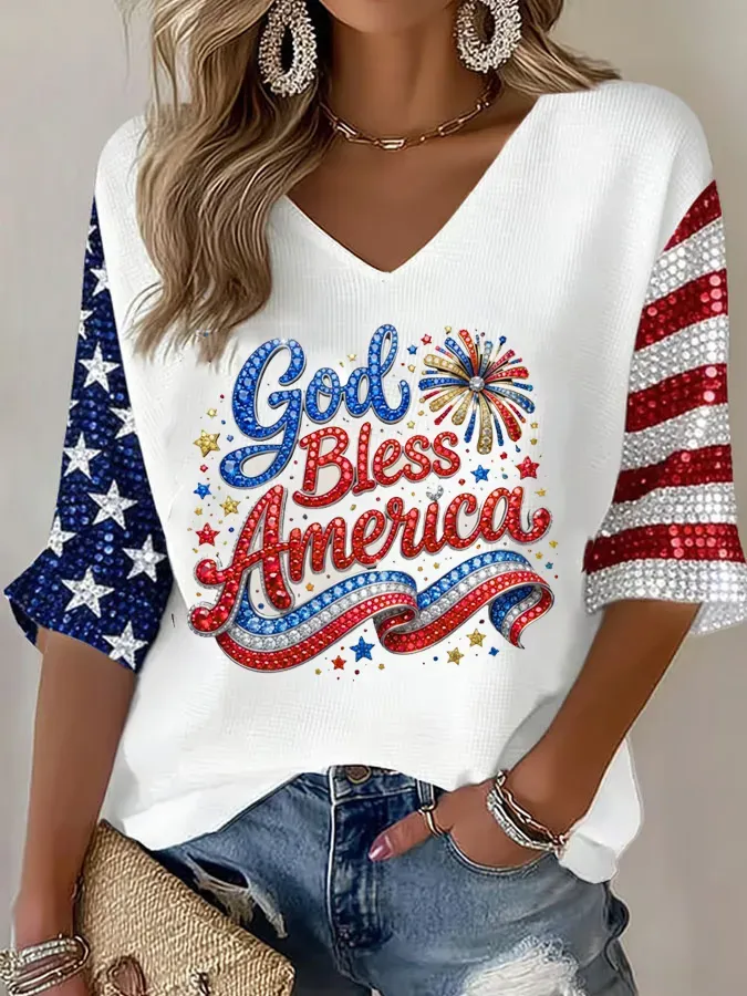 Women'S 250Th Anniversary Printed V-Neck Top For The Founding Of The United States