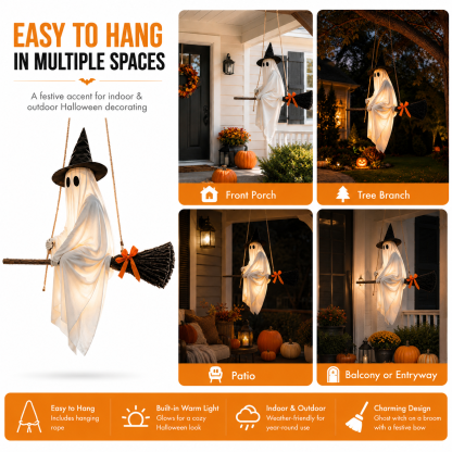 Lighted Hanging Ghost Witch Halloween Decoration