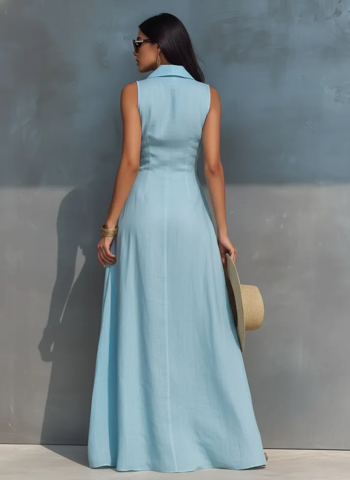 Women's Minimalist Linen-Blend Sleeveless Collared Single-Breasted Maxi Dress