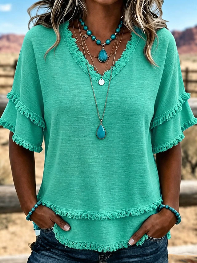 Women's V Neck Fringe Trim Short Sleeve Blouse Double Layer Frayed Raw Hem Crinkle Textured Loose Casual Tunic Top