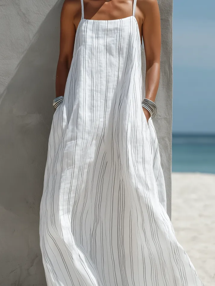Mother's Day Sale Women's Casual White Vertical Striped Woven Sleeveless Loose Long Dress