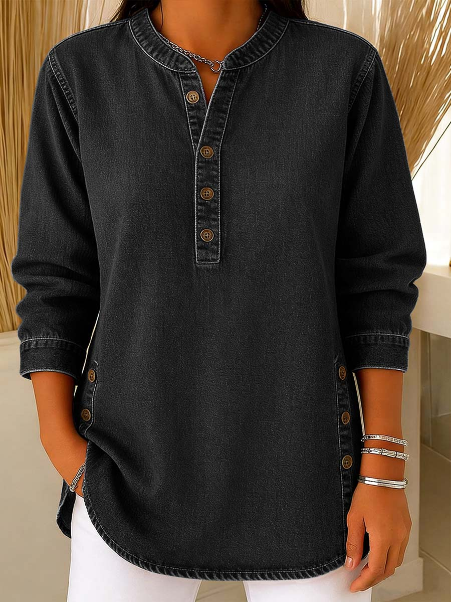 Women's Retro V-neck Long-sleeved Casual Button-up Loose Denim Top