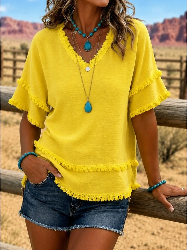 Women's V Neck Fringe Trim Short Sleeve Blouse Double Layer Frayed Raw Hem Crinkle Textured Loose Casual Tunic Top