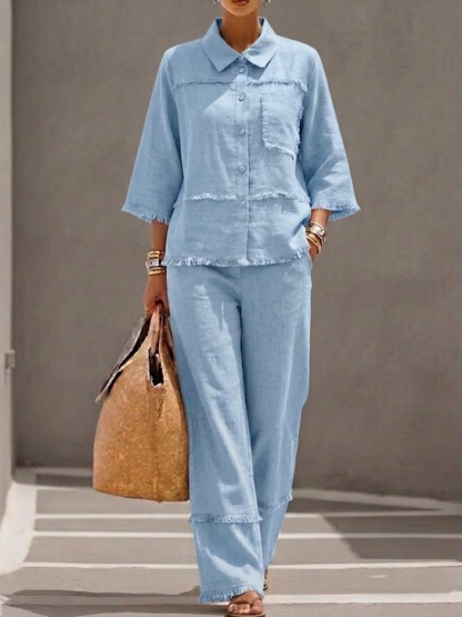 Casual Frayed-hem Linen And Cotton Shirt And Pants Two-piece Set