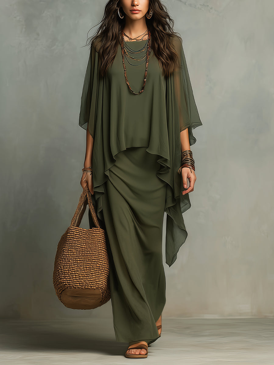 Loose And Elegant Chiffon Top And Sleeveless Cotton Dress Two-piece Set