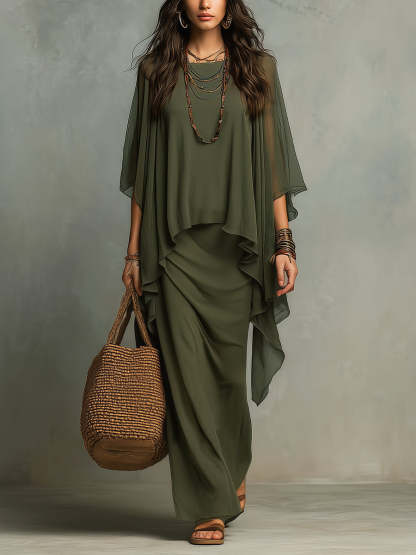 Loose And Elegant Chiffon Top And Sleeveless Cotton Dress Two-piece Set
