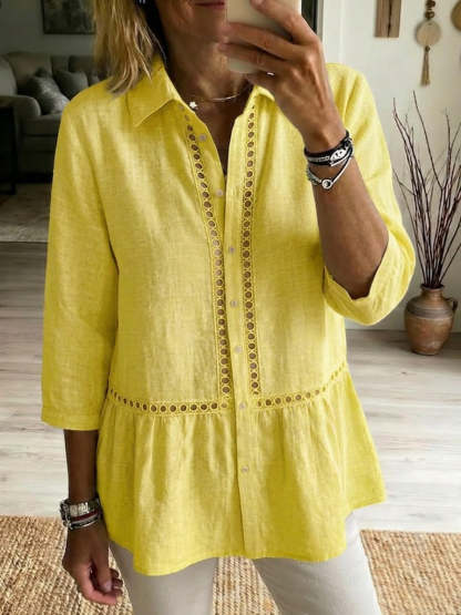 Casual Patchwork Openwork Webbing Linen And Cotton Shirt