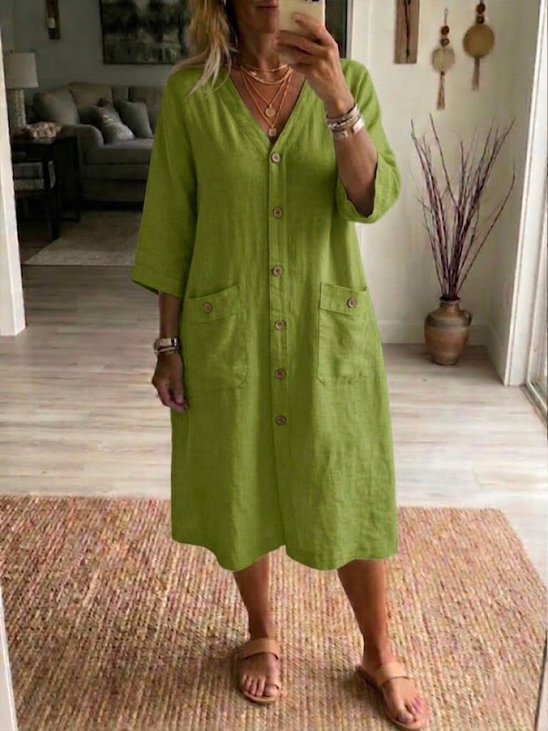 Casual Linen And Cotton Button-down Dress