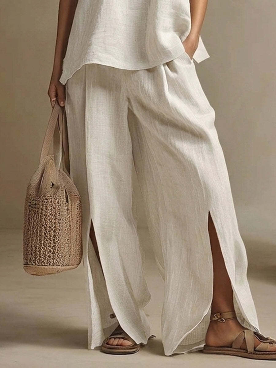 Casual & Cozy Slit-hem Cotton-linen Wide-leg Pants