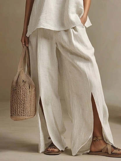 Casual & Cozy Slit-hem Cotton-linen Wide-leg Pants