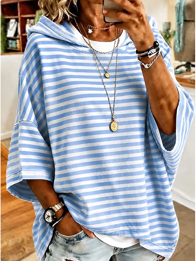 Women's Pullover Hoodie Sweatshirt Print Graphic Striped Casual Short Sleeve Long Sleeve Hooded Regular Tops Casual Street Dailywear