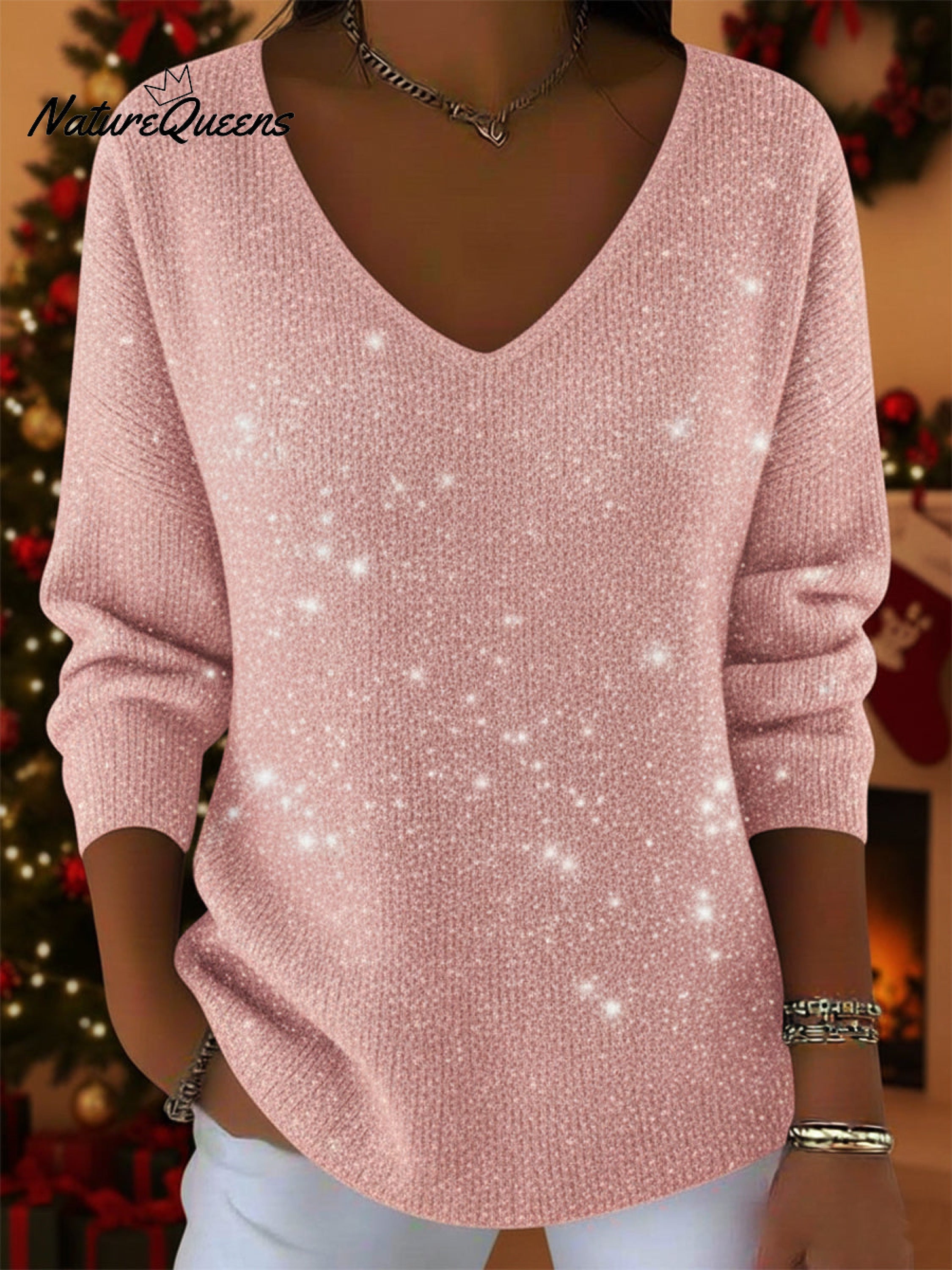 Women's V-neck Solid Color Loose Shiny Sweater