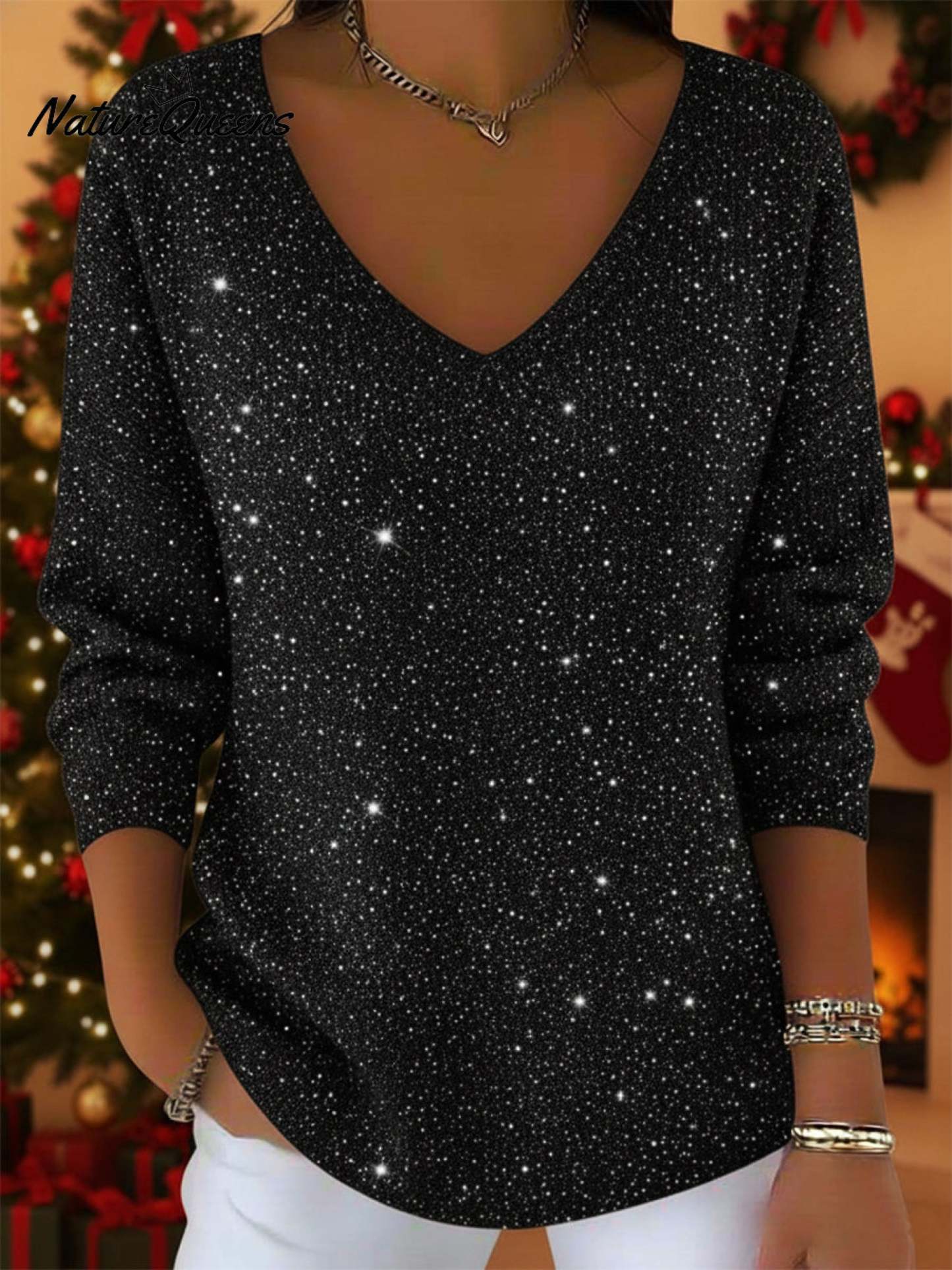 Women's V-neck Solid Color Loose Shiny Sweater