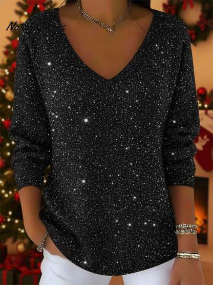 Women's V-neck Solid Color Loose Shiny Sweater