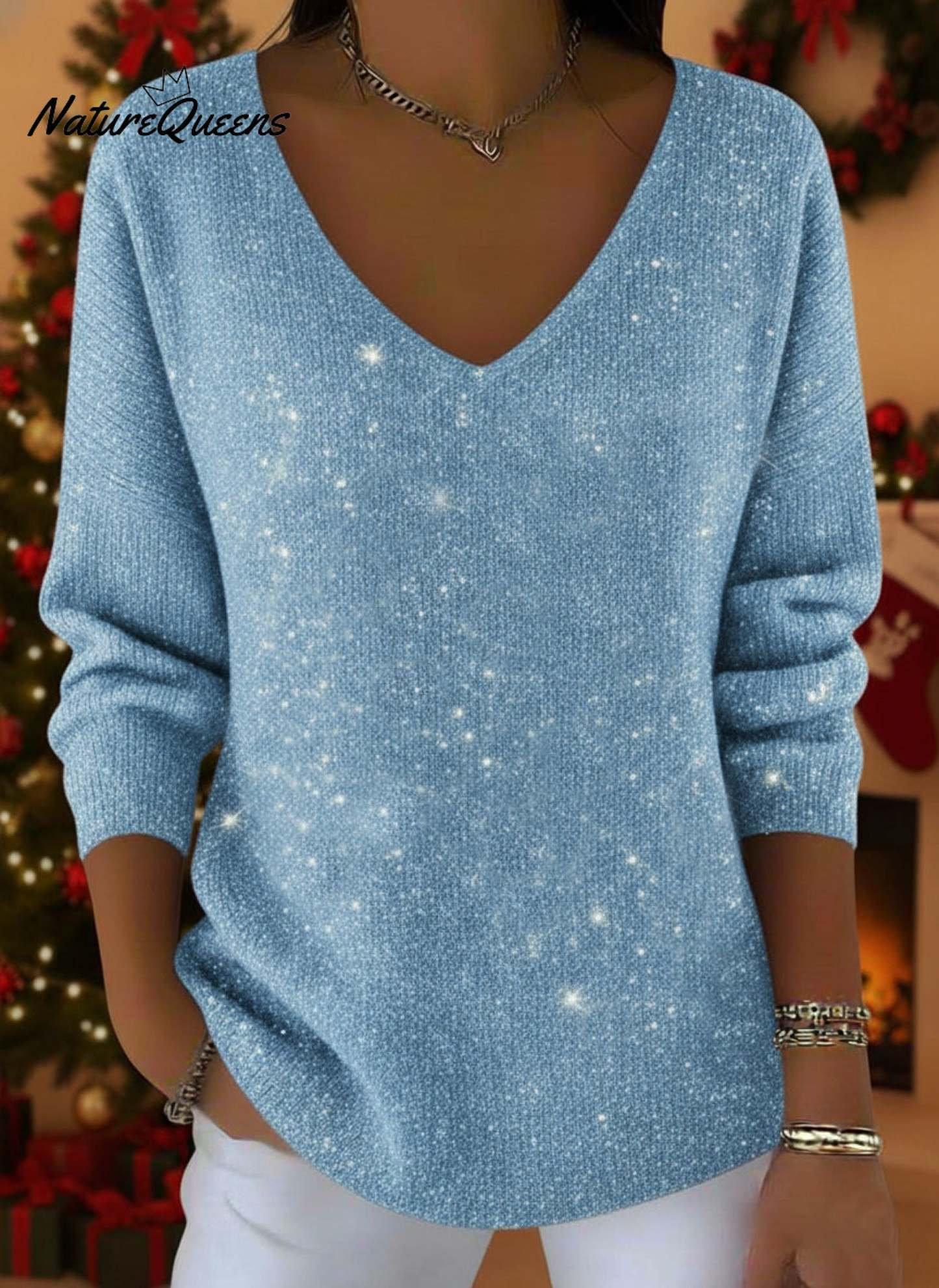Women's V-neck Solid Color Loose Shiny Sweater