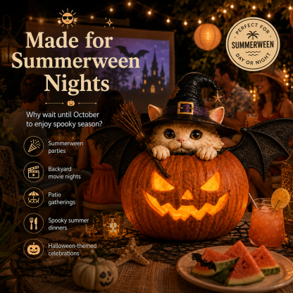 Summerween Lighted Witch Cat Pumpkin Decor with Flickering LED Timer