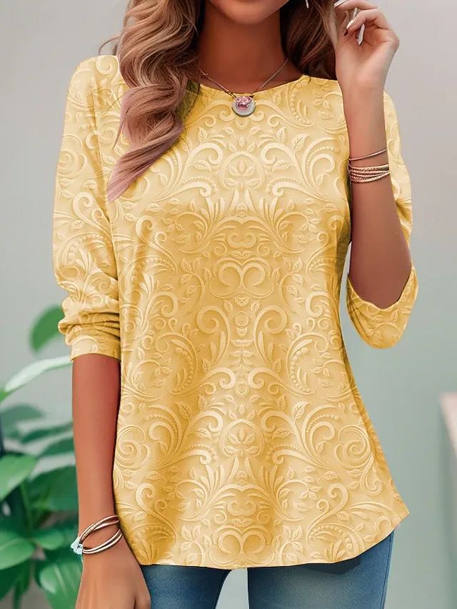 Women's T shirt Long Sleeve Crew Neck Long Sleeve Tunic 3D Print Floral Elegant Vintage Regular Tops Daily Going out Weekend Print Pearl Prefall