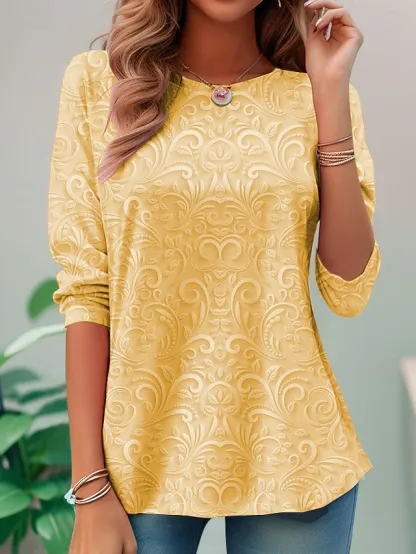 Women's T shirt Long Sleeve Crew Neck Long Sleeve Tunic 3D Print Floral Elegant Vintage Regular Tops Daily Going out Weekend Print Pearl Prefall