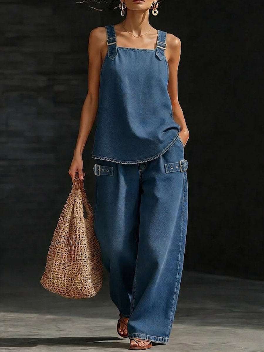 Women's Casual Denim Set: Square-neck Sleeveless Loose-fit Top & High-waisted Wide-leg Pants