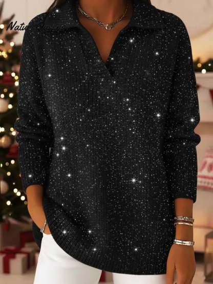 Christmas Party Polo Collar Shiny Loose Sweater Top