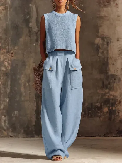 Elegant Round-Neck Knit Top and Casual Cotton-Linen Wide-Leg Cargo Pants Set
