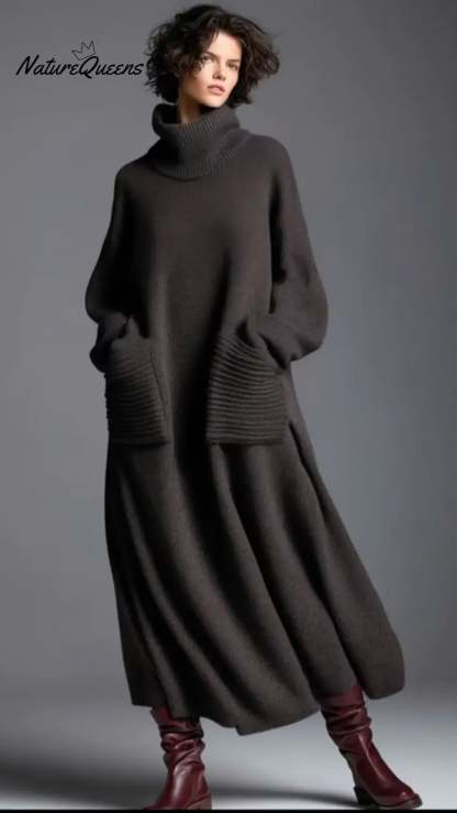 Women's Solid Color High-Neck Long-Sleeve Casual Loose Knit Dress