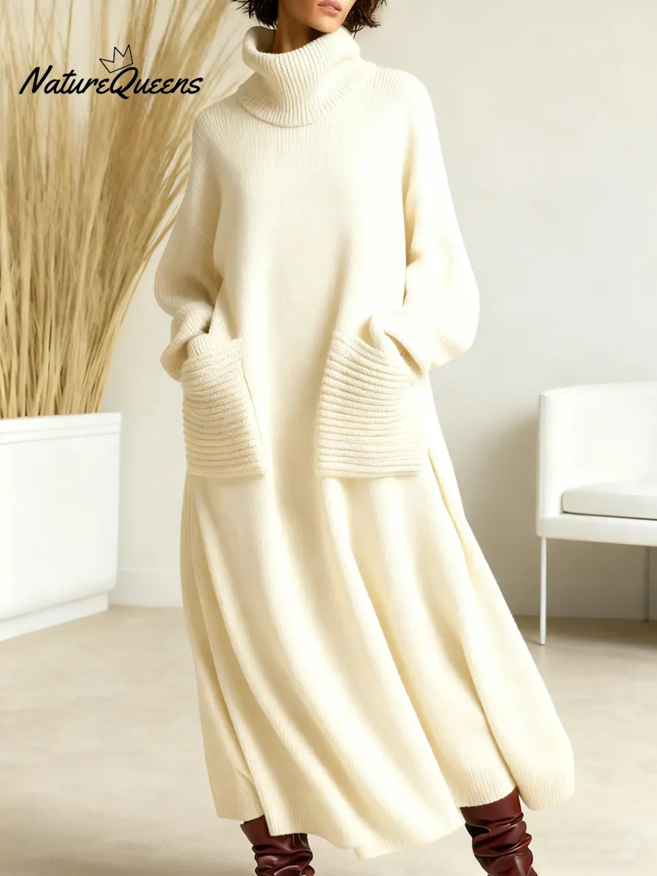 Women's Solid Color High-Neck Long-Sleeve Casual Loose Knit Dress