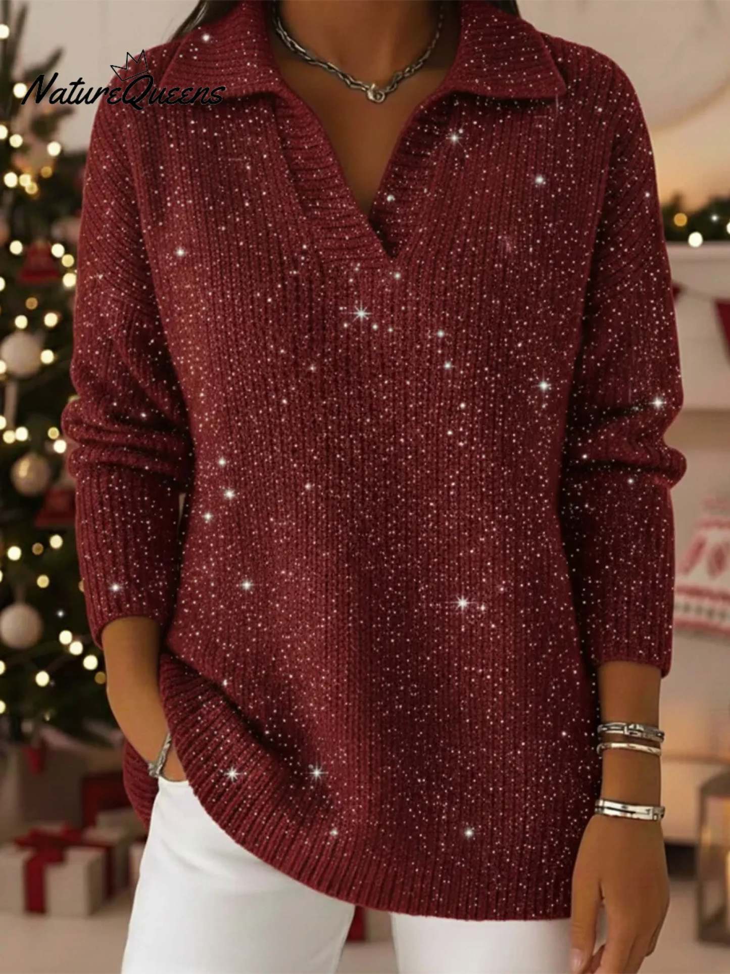 Christmas Party Polo Collar Shiny Loose Sweater Top