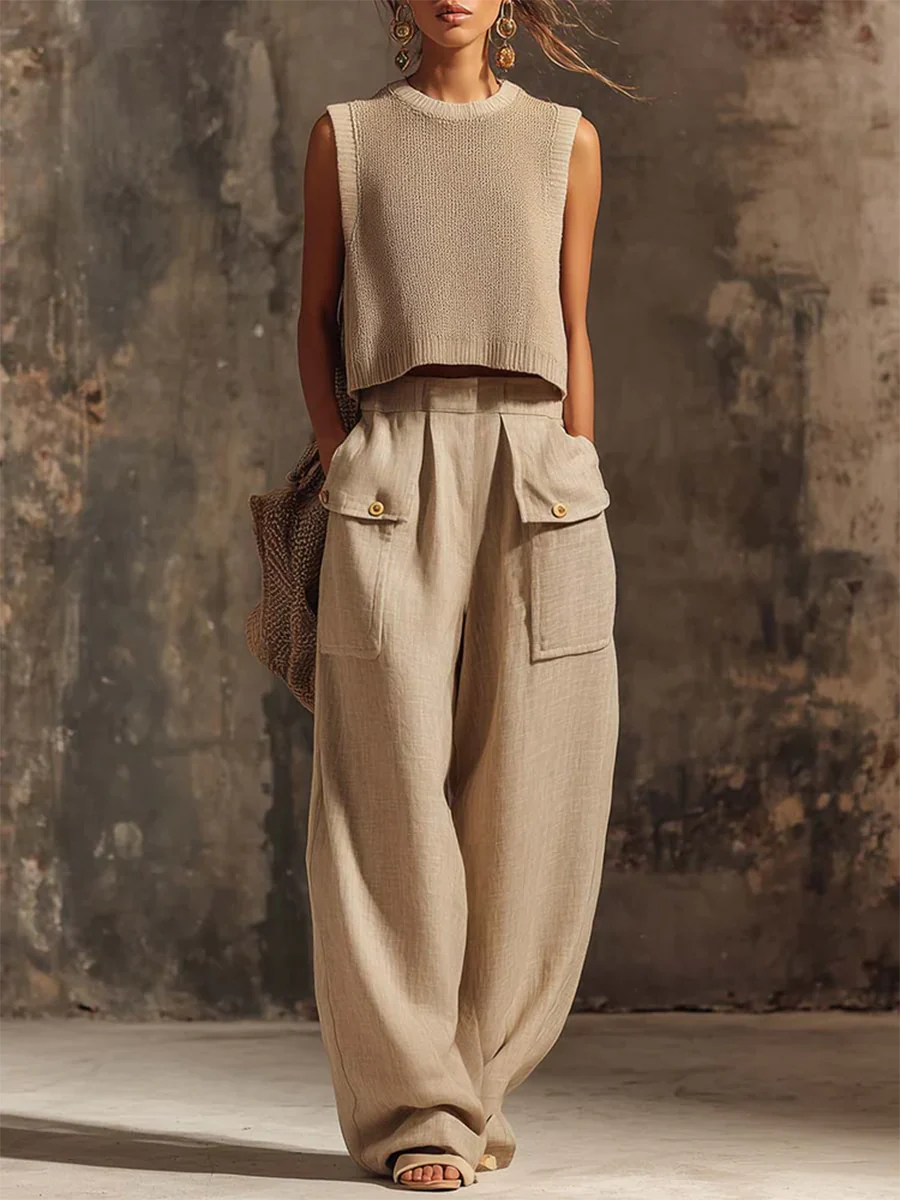 Elegant Round-Neck Knit Top and Casual Cotton-Linen Wide-Leg Cargo Pants Set
