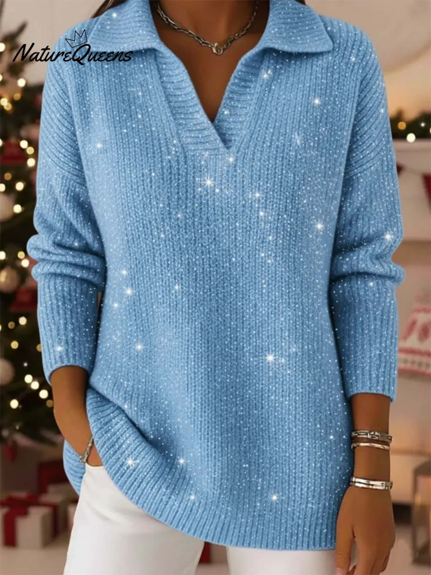 Christmas Party Polo Collar Shiny Loose Sweater Top