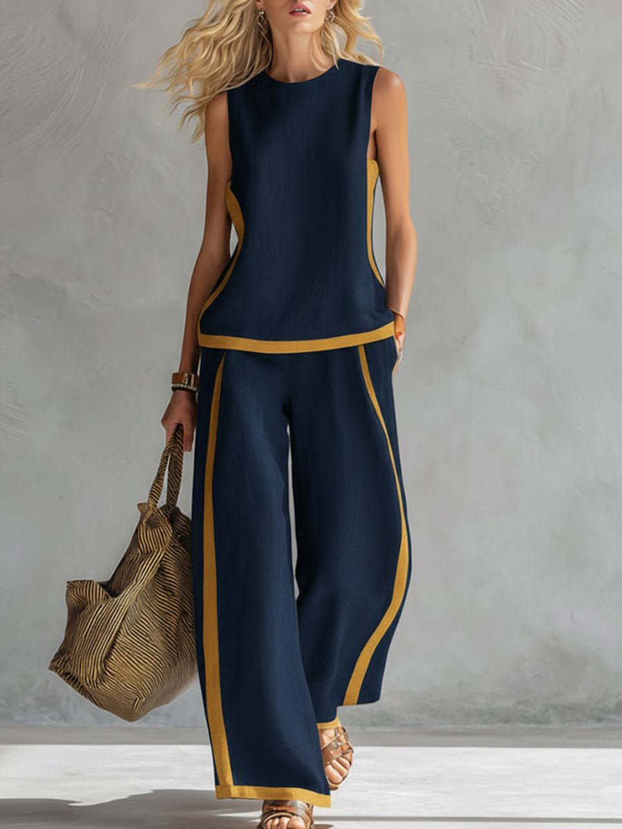 Women's Round Neck Sleeveless Casual Loose Top And High-waisted Loose Wide-leg Pants Cotton And Linen Set.