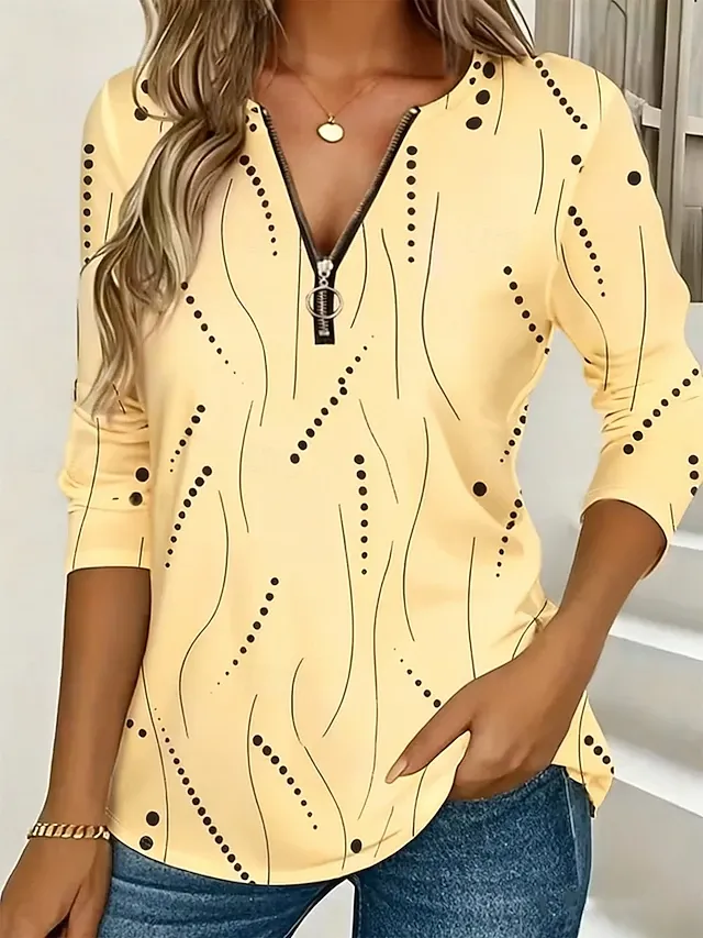 Women's T Shirt Zipper Print Graphic Geometric Vintage Fashion Stylish Long Sleeve Crew Neck V Neck Regular Tops
