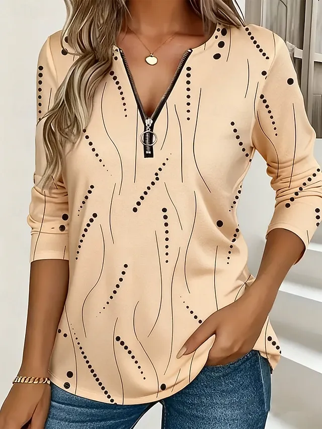 Women's T Shirt Zipper Print Graphic Geometric Vintage Fashion Stylish Long Sleeve Crew Neck V Neck Regular Tops