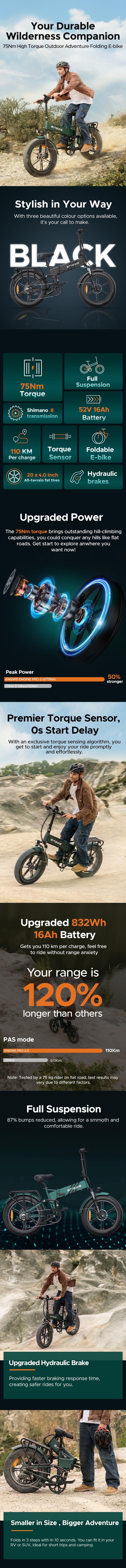 Engwe Engine Pro 2.0 750W 20" Fat Bike 832Wh Foldable E-Mountain Bike with Torque Sensor 52V 16Ah Battery - Buybestgear