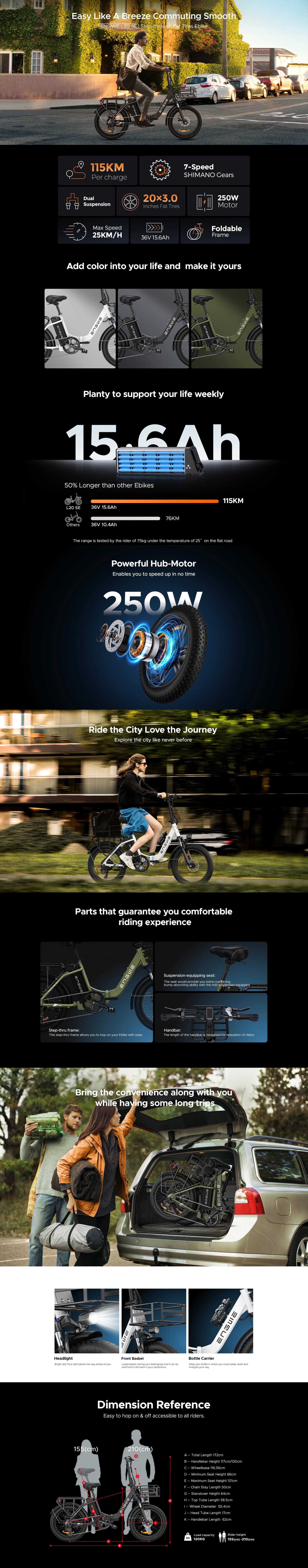 Engwe L20 SE 250W 20" Foldable Electric Bike 561Wh Trekking Bike Step-through E-bike 36V 15.6Ah Battery - Buybestgear