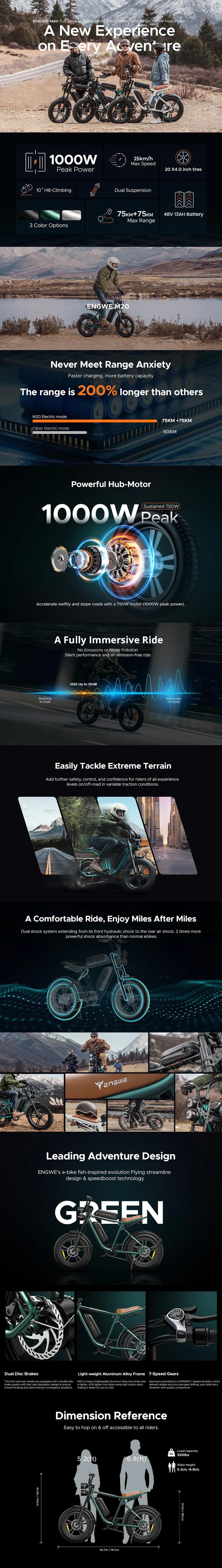 Engwe M20 750W 20" Fat Bike E Mountain Bike EMTB - Buybestgear