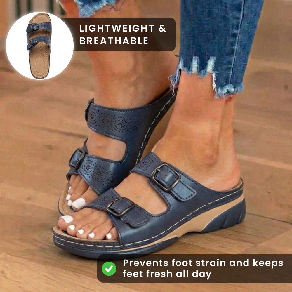🔥 Last Day: 50% OFF 🔥 Orthopedic Genuine Leather Platform Slides — Double-Buckle Cutout Design
