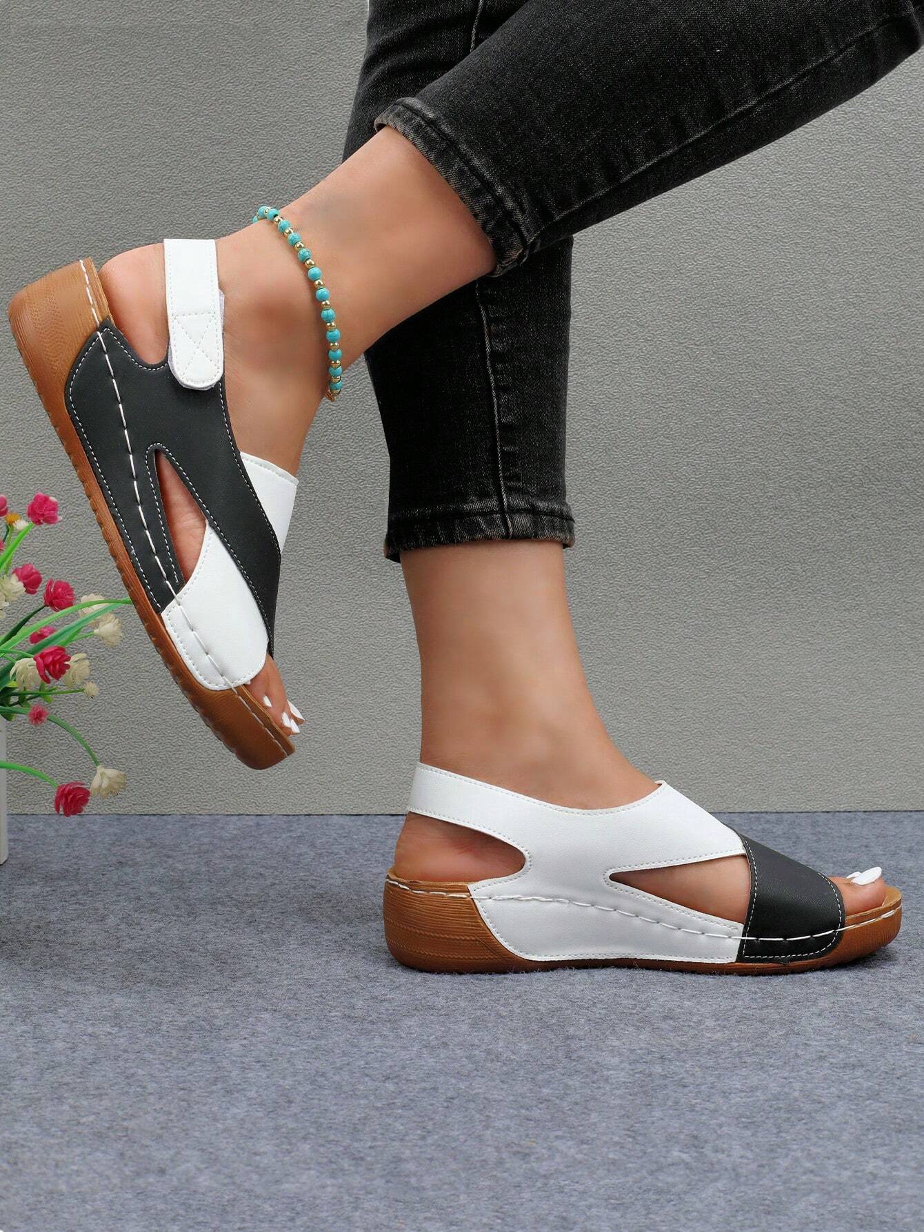 Women's Stitching Contrast Color Mule Open Toe Wedge Sandals