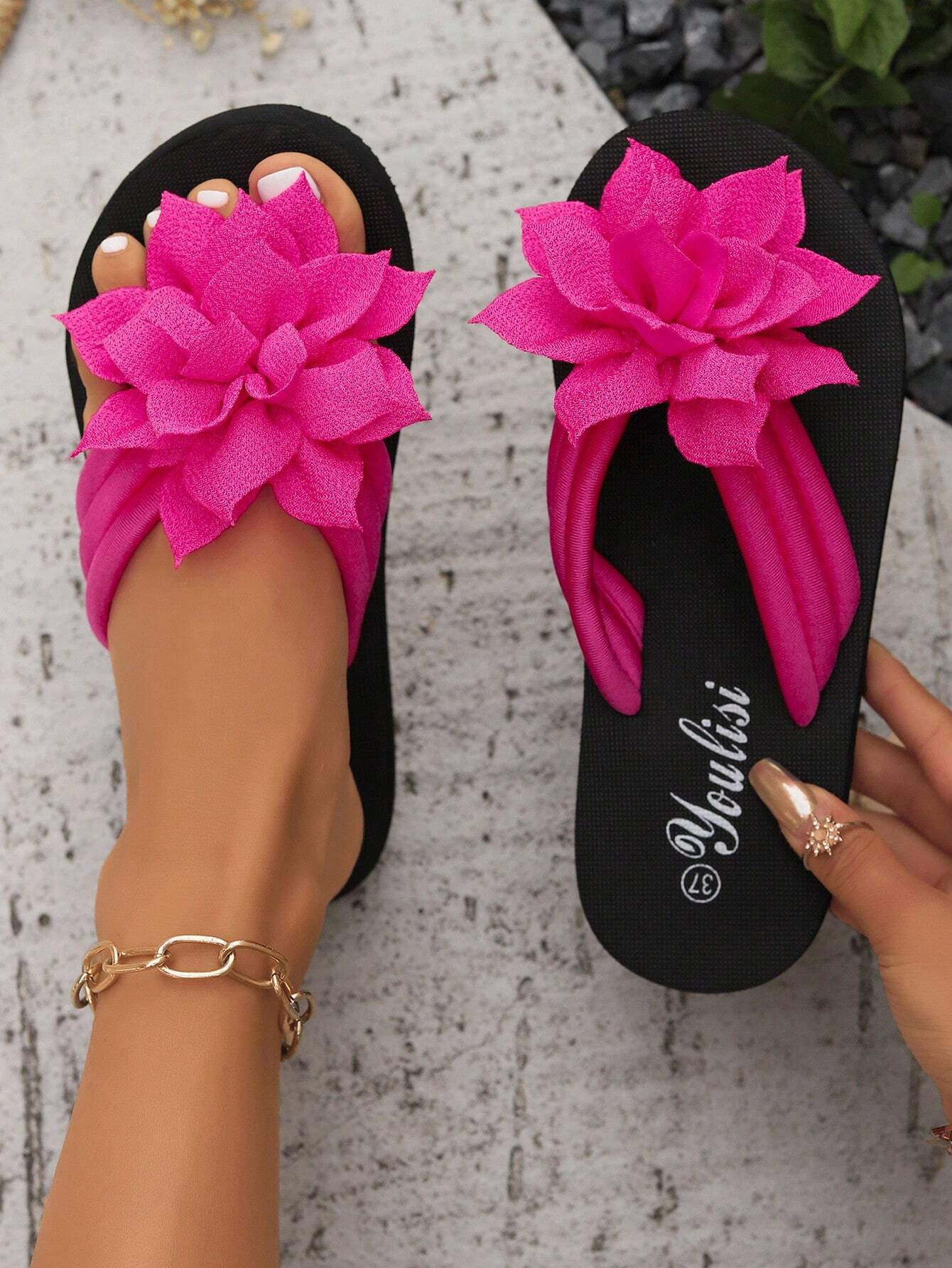 Women's Flip Flops, European And American Style, Fashionable, Comfortable, Lightweight, Beach Sandals, Casual Floral Slippers For Home