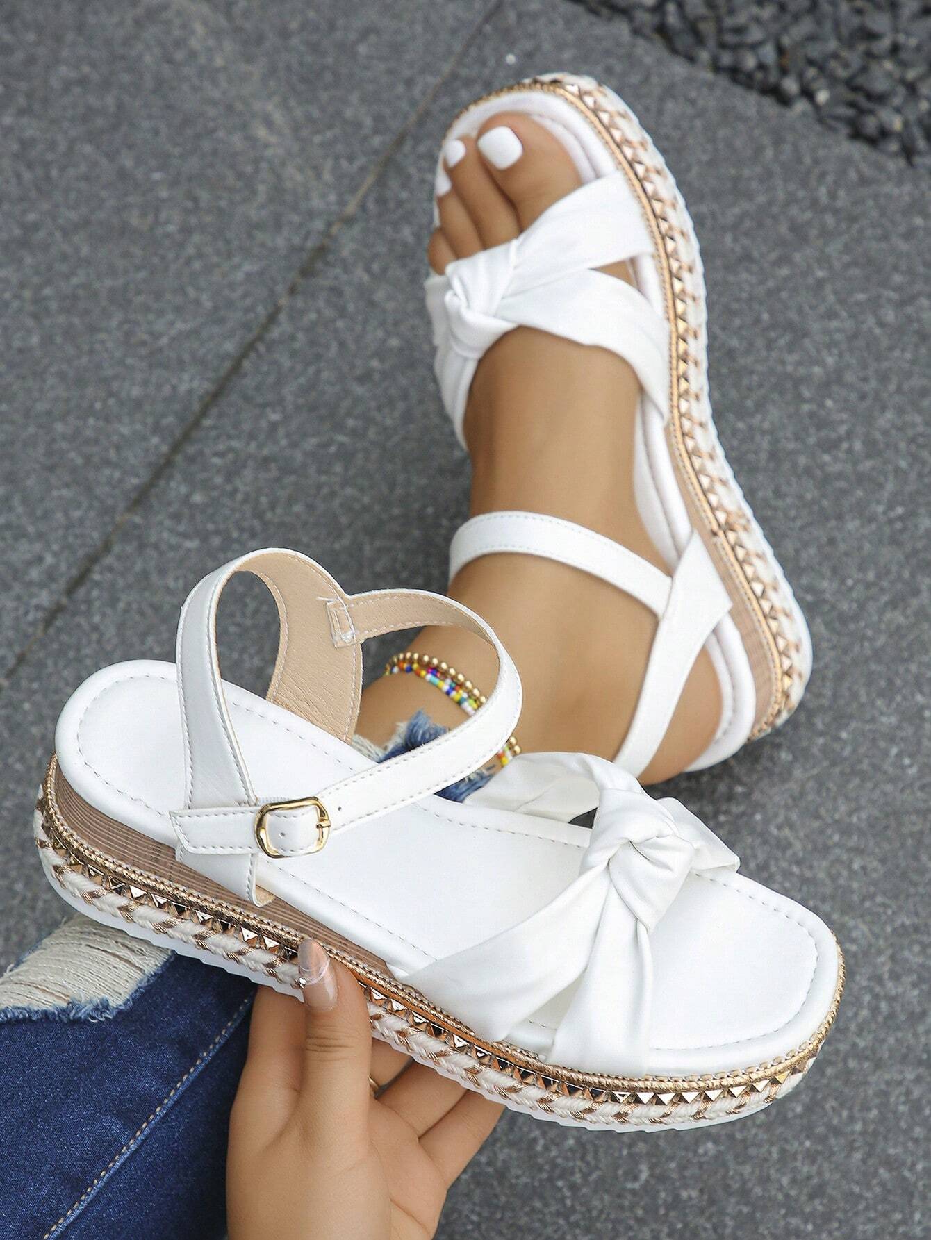 2026 Summer New Fashion Rivet Decor Ankle Strap One-Buckle Wedge Sandals