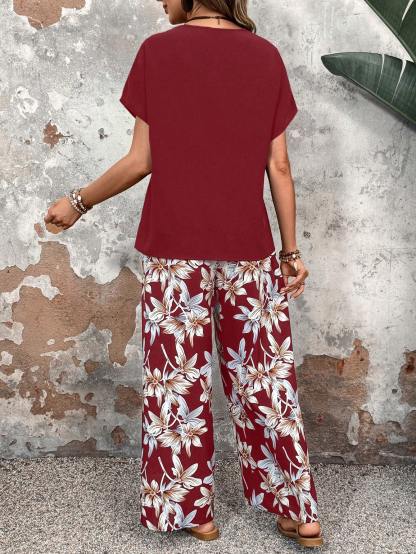 Faunlyn Women Solid Color Round Neck Short Sleeve Top And Flower Print Wide Leg Pants Set For Summer Two Pieces Outfits