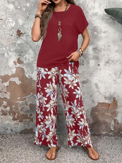 Faunlyn Women Solid Color Round Neck Short Sleeve Top And Flower Print Wide Leg Pants Set For Summer Two Pieces Outfits