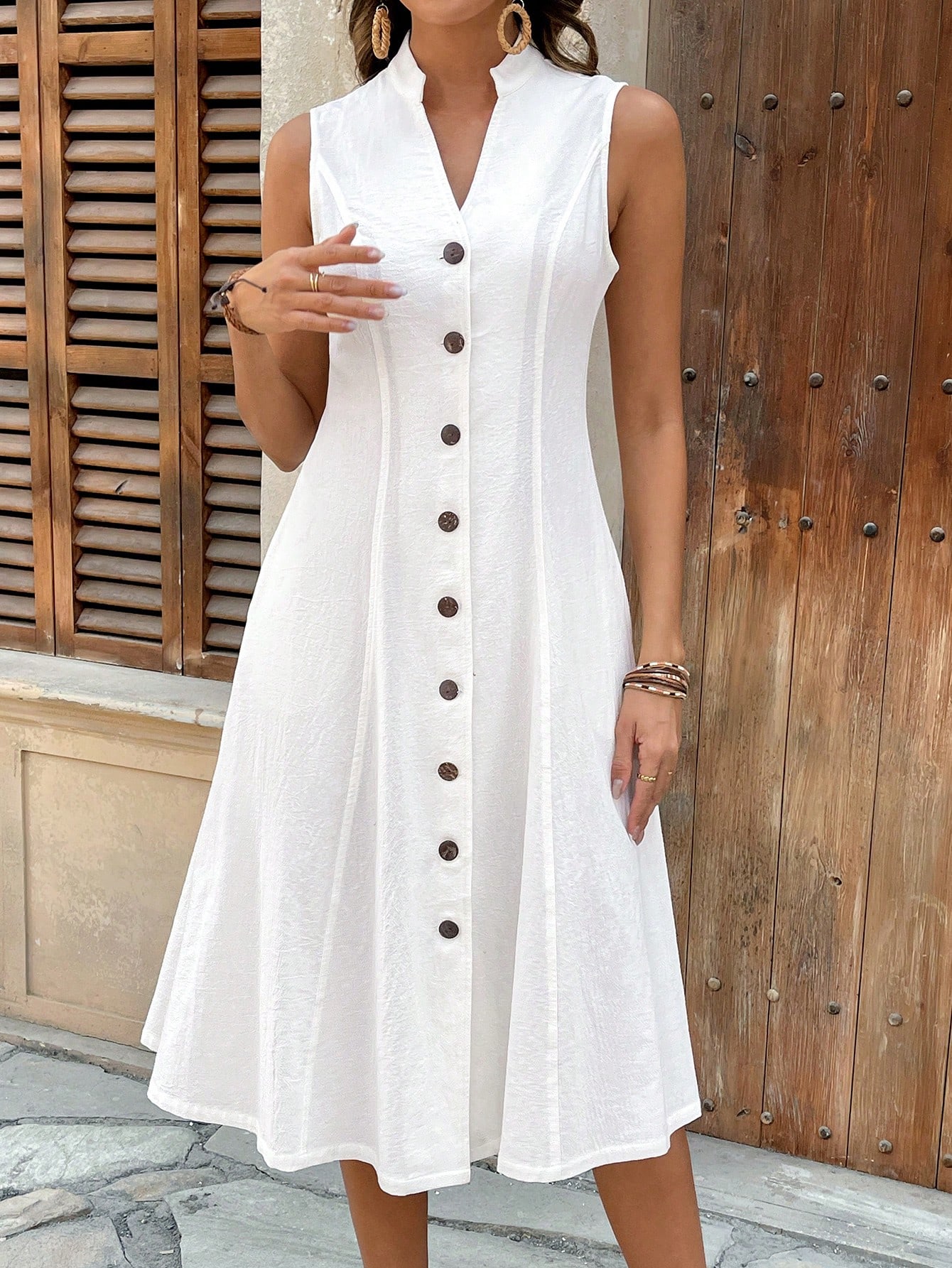 EMERY ROSE Women's Summer Geometric Pattern Print Round Neck Short-Sleeve Dress,Summer Dresses For Women Brunch Day Brown And White Polka Dot Retro Vintage 70s,Casual Dresses For Women